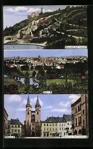 AK Hof i. B., Ortsansicht, Blick nach dem Labyrinth, Partie an der Michaeliskirche