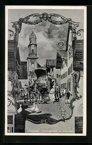 AK Mittenwald, Freskogemälde am Hotel Post
