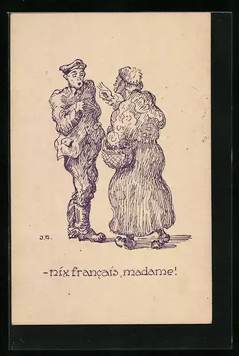 AK Nix francais, madame!, Soldat in Uniform und Frau, Soldatenhumor