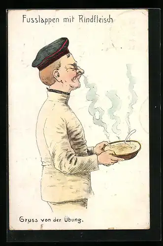 AK Fusslappen mit Rindfleisch, Soldat hält seinen Teller, Soldatenhumor