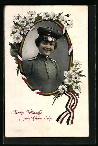 AK Soldatin in Uniform mit Schirmmütze, Geburtstagsgruss