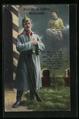 AK Steh ich in finst`rer Mitternacht, Soldat in Uniform mit Pickelhaube denkt an Frau