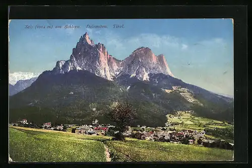 AK Seis am Schlern, Panoramablick von der Bergwiese aus