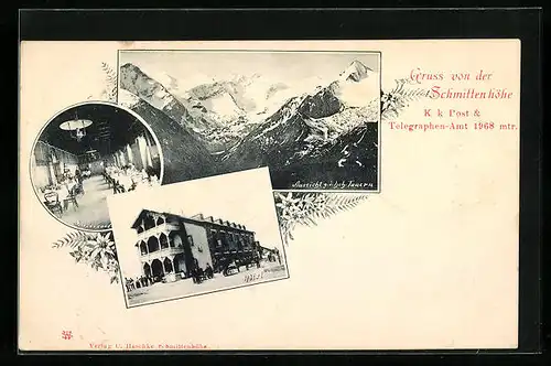 AK Zell am See, Hotel Schmittenhöhe, Inneres Speisesaal, Aussicht g. d. hoh. Tauern