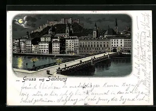 Lithographie Salzburg, Uferpartie mit Brücke bei Mondschein