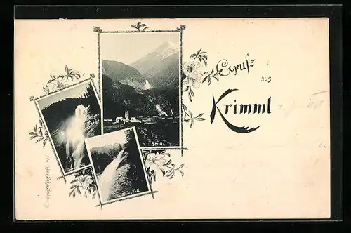 AK Krimml, Teilansicht mit Kirche, Oberer Fall, Mittlerer Fall