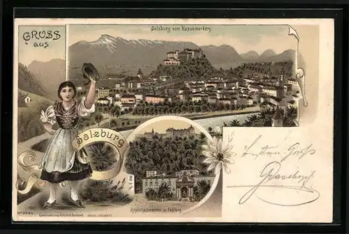 Lithographie Salzburg, Teilansicht vom Kapuzinerberg, Kapitelschwemme und Festung