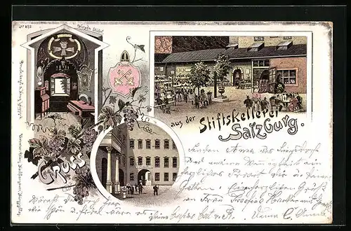 Lithographie Salzburg, Gasthaus Stiftskeller, Inneres Haydn-Stübel, Hof