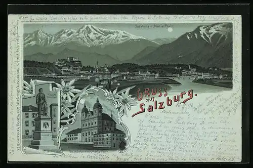Mondschein-Lithographie Salzburg, Teilansicht v. Maria Plain, Wallfahrtskirche Maria Plain, Mozart Denkmal