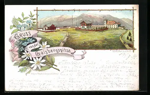 Lithographie Gaisberg, Gaisbergspitze mit Hotel