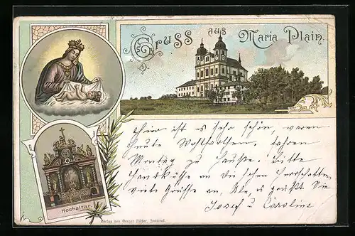 Lithographie Maria Plain, Kirche, Hochaltar, Gnadenbild