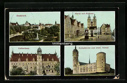 AK Wittenberg, Stadtmarkt, Markt mit Rathaus, Lutherhaus, Schlosskirche und ehem. Schloss