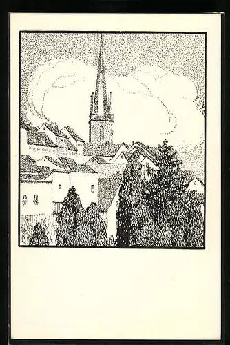 Künstler-AK Kahla, Ortspartie mit Kirche