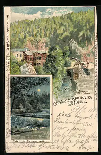 Lithographie Rabenau, Rabenauer Mühle - Blick vom Altarfelsen, Wehr an der Mühle