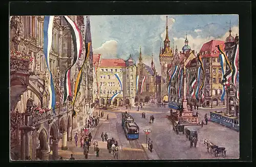 Künstler-AK München, Marienplatz gegen altes Rathaus im Fahnenschmuck