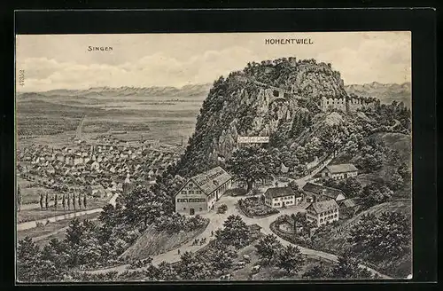AK Singen, Totalansicht mit Hohentwiel