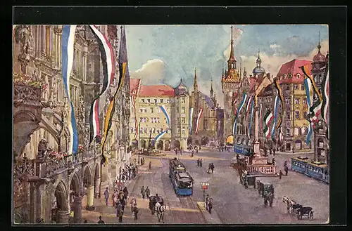 Künstler-AK München, Marienplatz gegen altes Rathaus im Fahnenschmuck