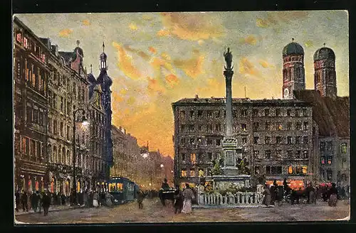 Künstler-AK München, Marienplatz mit Frauenkirche