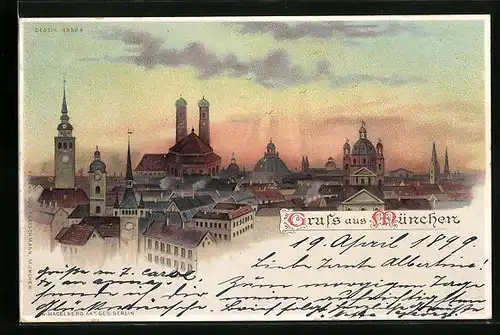 Künstler-AK München, Teilansicht aus der Vogelschau