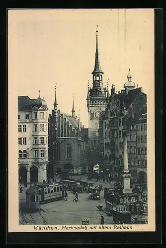 AK München, Marienplatz mit altem Rathaus und Strassenbahn