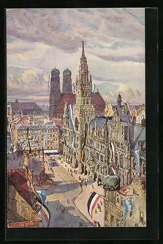 Künstler-AK München, Marienplatz gegen Rathaus und Dom