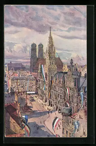 Künstler-AK München, Marienplatz gegen Rathaus und Dom