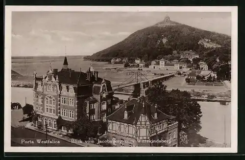 AK Porta Westfalica, Blick vom Jacobsberg zum Wittekindsberg mit Brücke