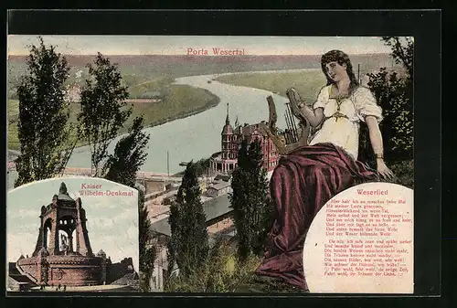 AK Porta Wesertal, Panorama mit Frau mit Harfe, Kaiser Wilhelm-Denkmal, Weserlied