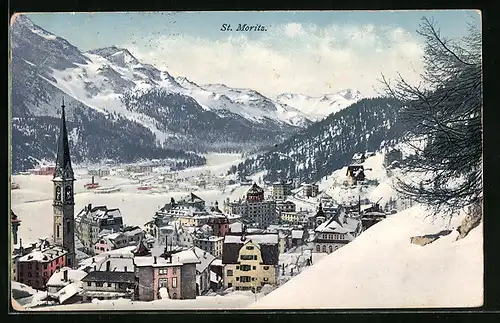 AK St. Moritz, Blick auf den eingeschneiten Ort