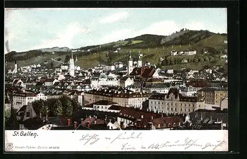 Lithographie St. Gallen, Generalansicht der Stadt mit Blick auf die Kirchen
