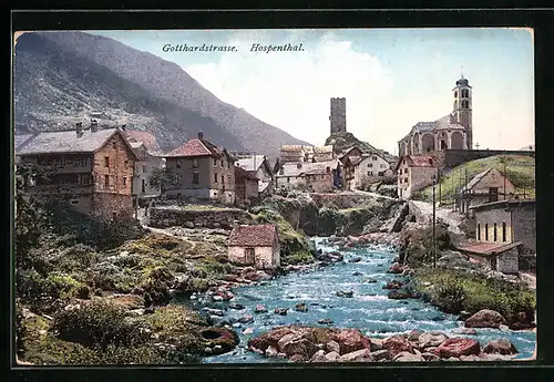 AK Hospenthal, Siedlung an der Gotthardstrasse mit Kapelle und Turm im Hintergrund