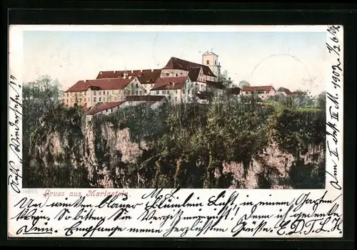 Lithographie Mariastein, Blick hinauf zum Kloster auf dem Berg