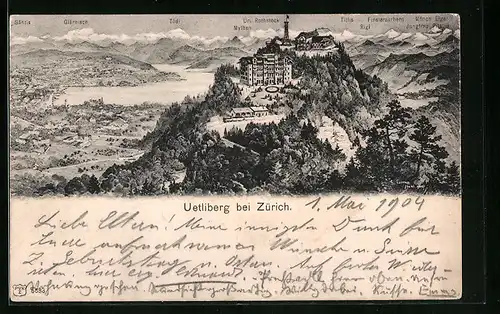 Künstler-AK Zürich, Blick auf den Uetliberg