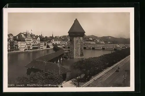 AK Luzern, Kapellbrücke und Wasserturm