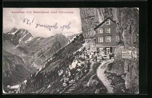 AK Appenzell, am Gasthaus Aescher mit Seealpsee und Altmann