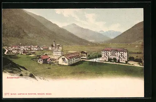 AK Andermatt, Ortstotale mit Blick zur Kirche