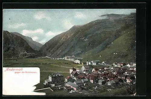 Lithographie Andermatt, Stadtansicht gegen die Schöllenen