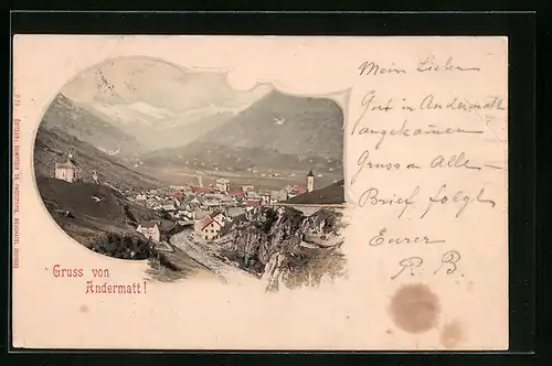 AK Andermatt, Blick über den Bach auf die Stadt