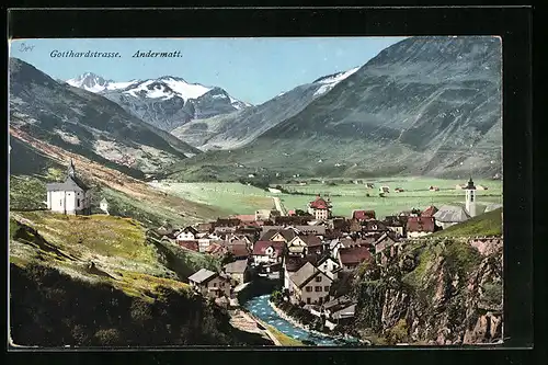 AK Andermatt, Generalansicht der Ortschaft an der Gotthardstrasse