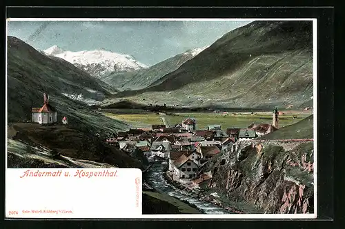 Lithographie Andermatt, Bachlauf mit Blick auf Hospenthal