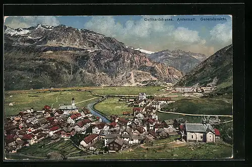 AK Andermatt, Generalansicht an der Gotthardstrasse