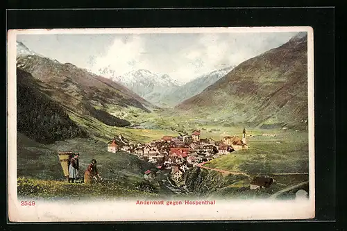 Lithographie Andermatt, Pflückerinnen auf der Wiese mit Ortstotale