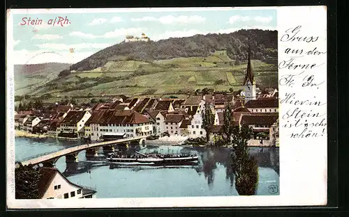 Lithographie Stein am Rhein, Stadtpanorama mit der Rheinbrücke