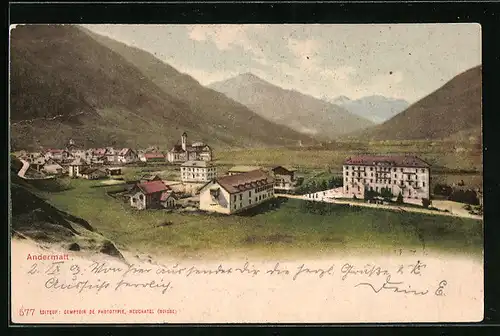 Lithographie Andermatt, Stadtansicht mit Talpanorama