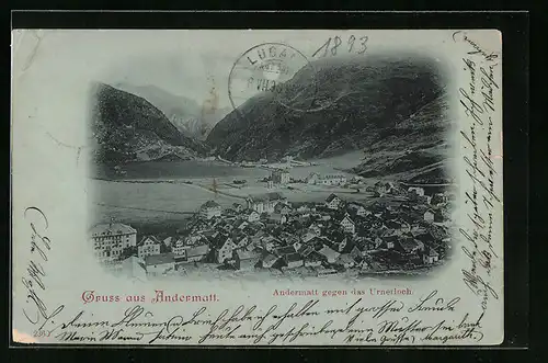 Vorläufer-Mondschein-AK Andermatt, 1893, Generalansicht gegen das Urnerloch