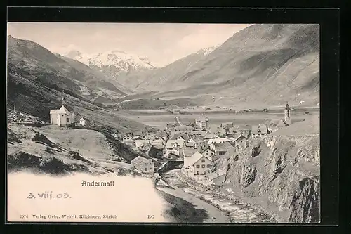 AK Andermatt, Weg durch deie Felsen auf den gesamten Ort, Maria Hilf Kapelle