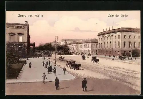 AK Berlin, Unter den Linden mit Denkmal