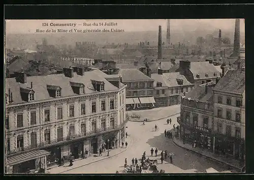 AK Commentry, Rue du 14 Juillet, Rue de la Mine et Vue generale des Usines