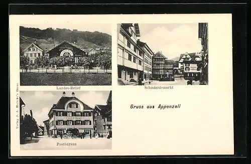 AK Appenzell, Schmäuslemarkt, Postbureau, Landes-Relief