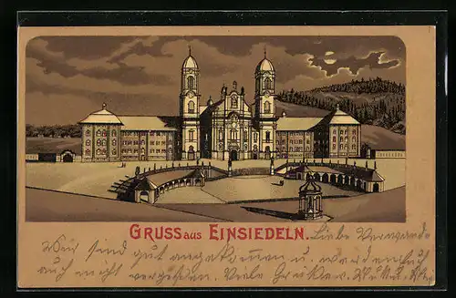 Lithographie Einsiedeln, Kloster bei Mondschein
